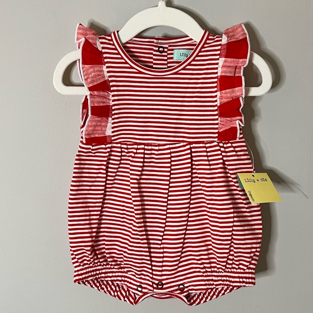 Red Striped Baby Romper with Ruffle Sleeves size 0-3 month NWT